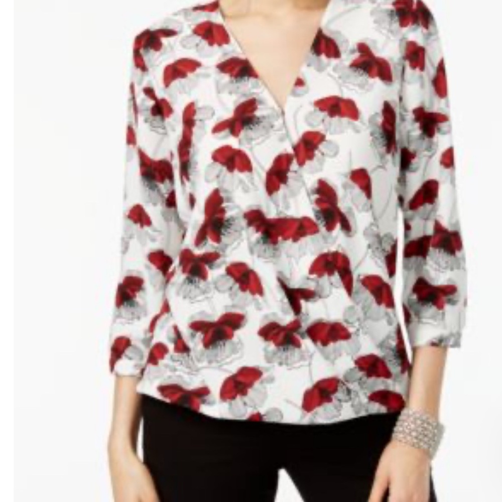 Floral Wrap Blouse - Red and White Poppy Flowers